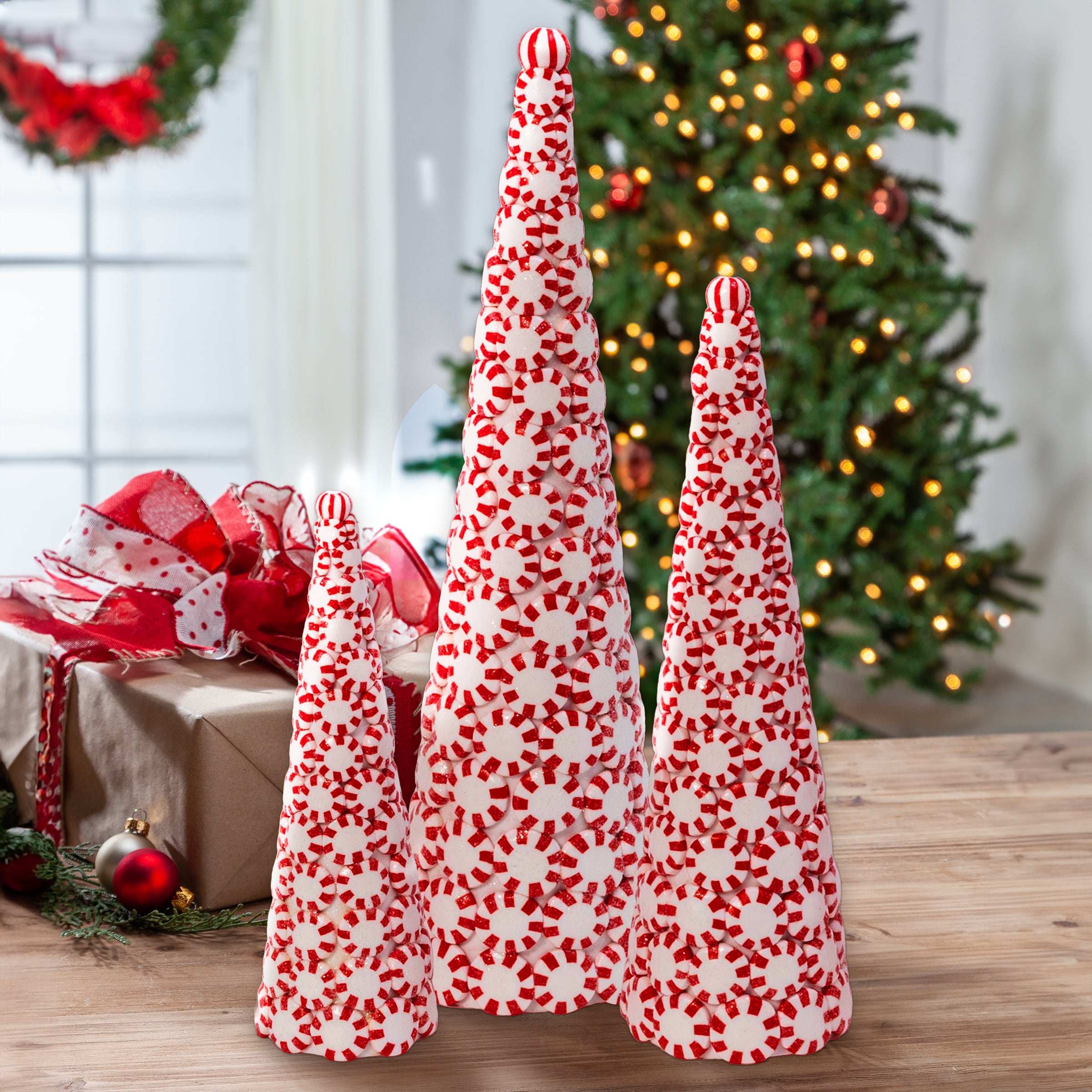 Set of 3 Clay Whimsical Traditional Peppermint Candy Trees